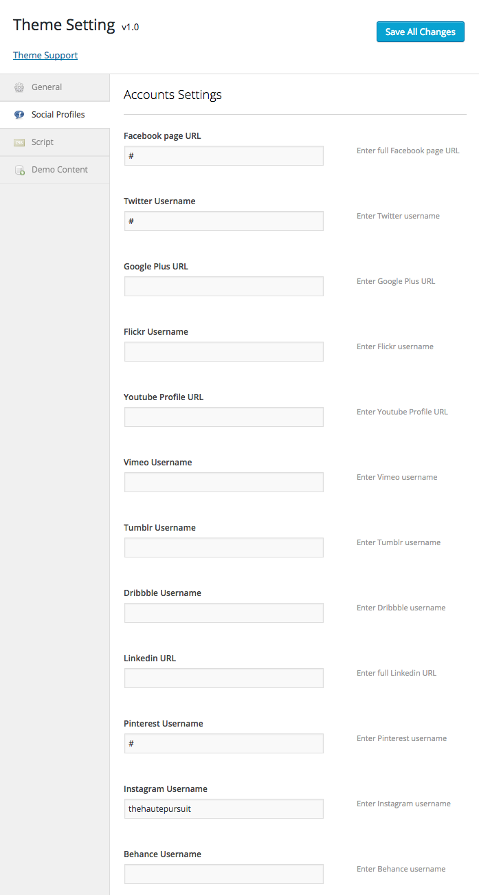 Theme Setting > Social Profiles for all social media options